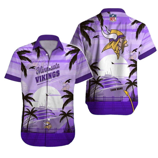 Personalized Minnesota Vikings Cruise Ship And Palms Coconut Tree Hawaiian Shirt - Moonbestprint