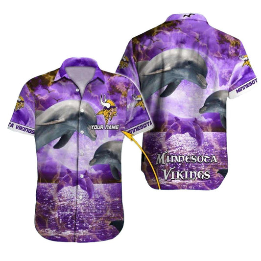 Personalized Minnesota Vikings Dolphin Moonlight Ocean Hawaiian Shirt - Moonbestprint