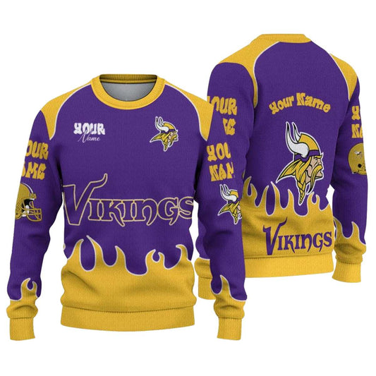 Personalized Minnesota Vikings Flame Border Purple AOP Sweatshirt - Moonbestprint
