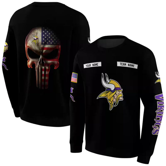 Personalized Minnesota Vikings Logo And Punisher Skull Black AOP Sweatshirt - Moonbestprint