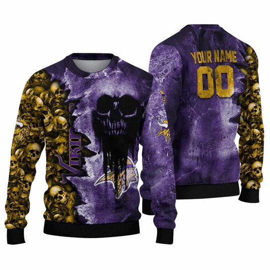 Personalized Minnesota Vikings Logo And Skull Collage Purple AOP Sweatshirt - Moonbestprint