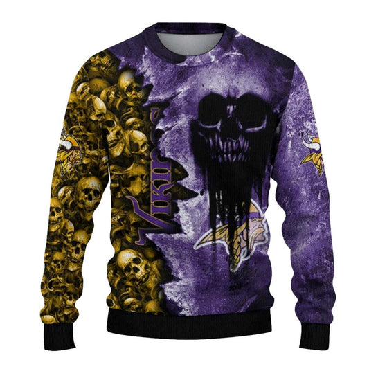 Personalized Minnesota Vikings Logo And Skull Collage Purple AOP Sweatshirt - Moonbestprint