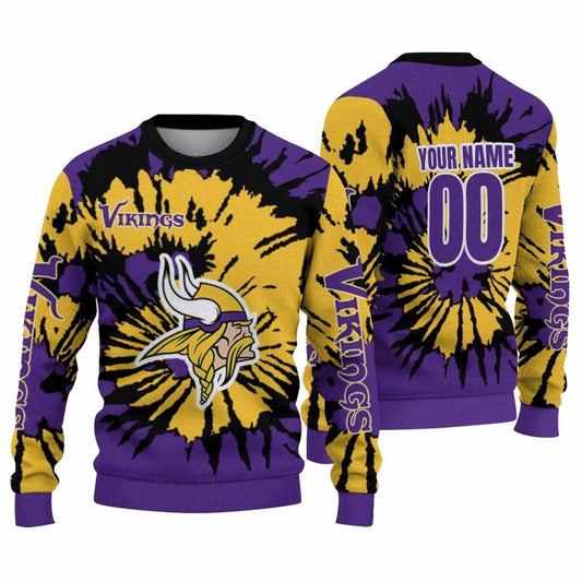 Personalized Minnesota Vikings Logo Burst Swirl Purple And Yellow AOP Sweatshirt - Moonbestprint