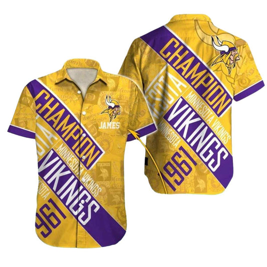 Personalized Minnesota Vikings Logo Champion Retro Yellow Hawaiian Shirt - Moonbestprint