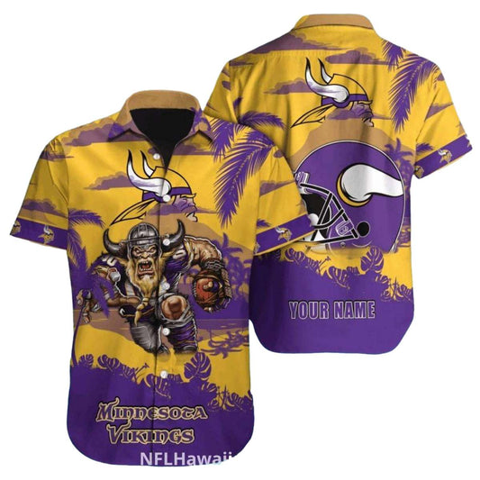 Personalized Minnesota Vikings Purple And Gold Warrior Logo Helmet Hawaiian Shirt - Moonbestprint