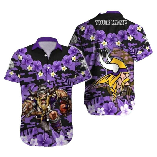 Personalized Minnesota Vikings Viking Warrior And Purple Hibiscus Hawaiian Shirt - Moonbestprint