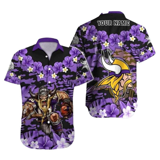 Personalized Minnesota Vikings Viking Warrior And Purple Hibiscus Hawaiian Shirt - Moonbestprint