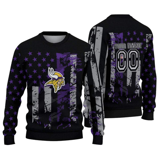 Personalized Minnesota Vikings Vintage USA Flag Black Purple AOP Sweatshirt - Moonbestprint