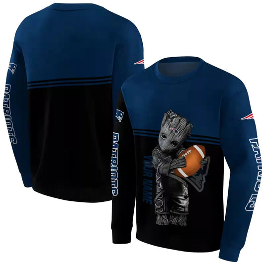 Personalized New England Patriots Baby Groot Blue Black AOP Sweatshirt - Moonbestprint