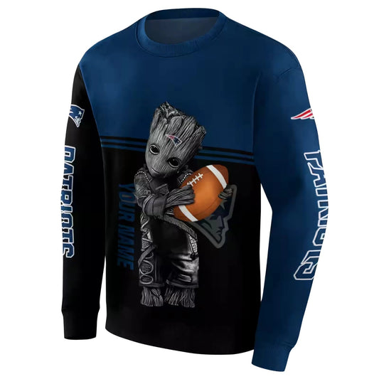 Personalized New England Patriots Baby Groot Blue Black AOP Sweatshirt - Moonbestprint