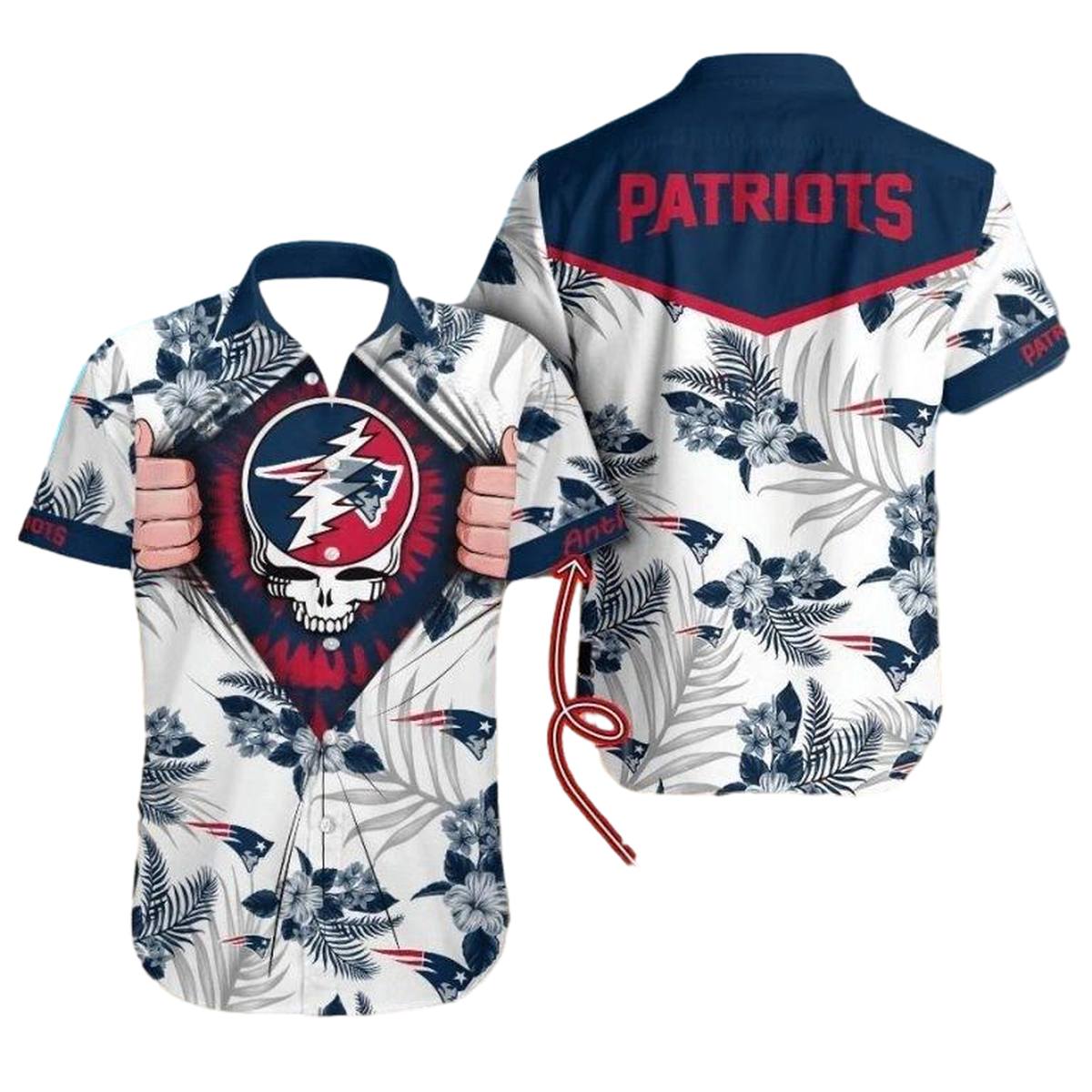 Personalized New England Patriots Flower Skull Hawaiian Shirt - Moonbestprint
