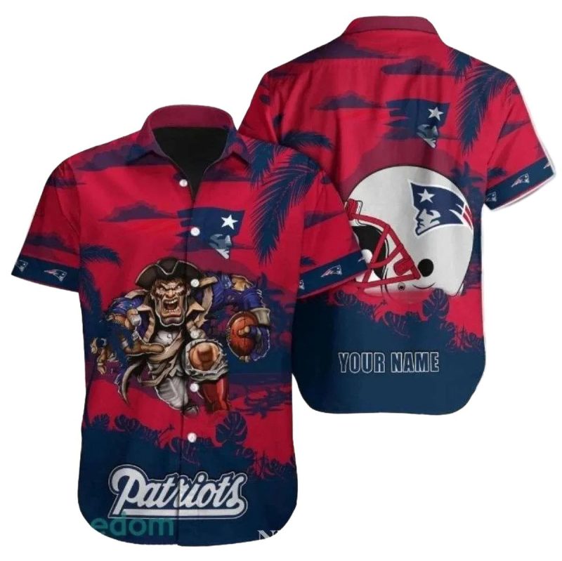 Personalized New England Patriots Mascot And Helmet Red Blue Pattern Hawaiian Shirt - Moonbestprint