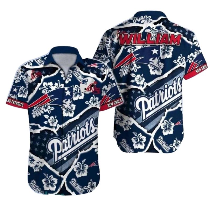 Personalized New England Patriots Nautical Patriotism White Hibiscus Hawaiian Shirt - Moonbestprint
