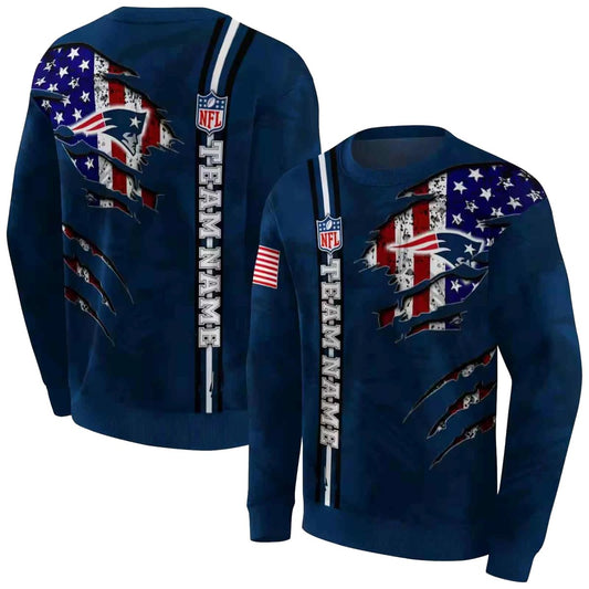 Personalized New England Patriots Ripped Flag Blue AOP Sweatshirt - Moonbestprint