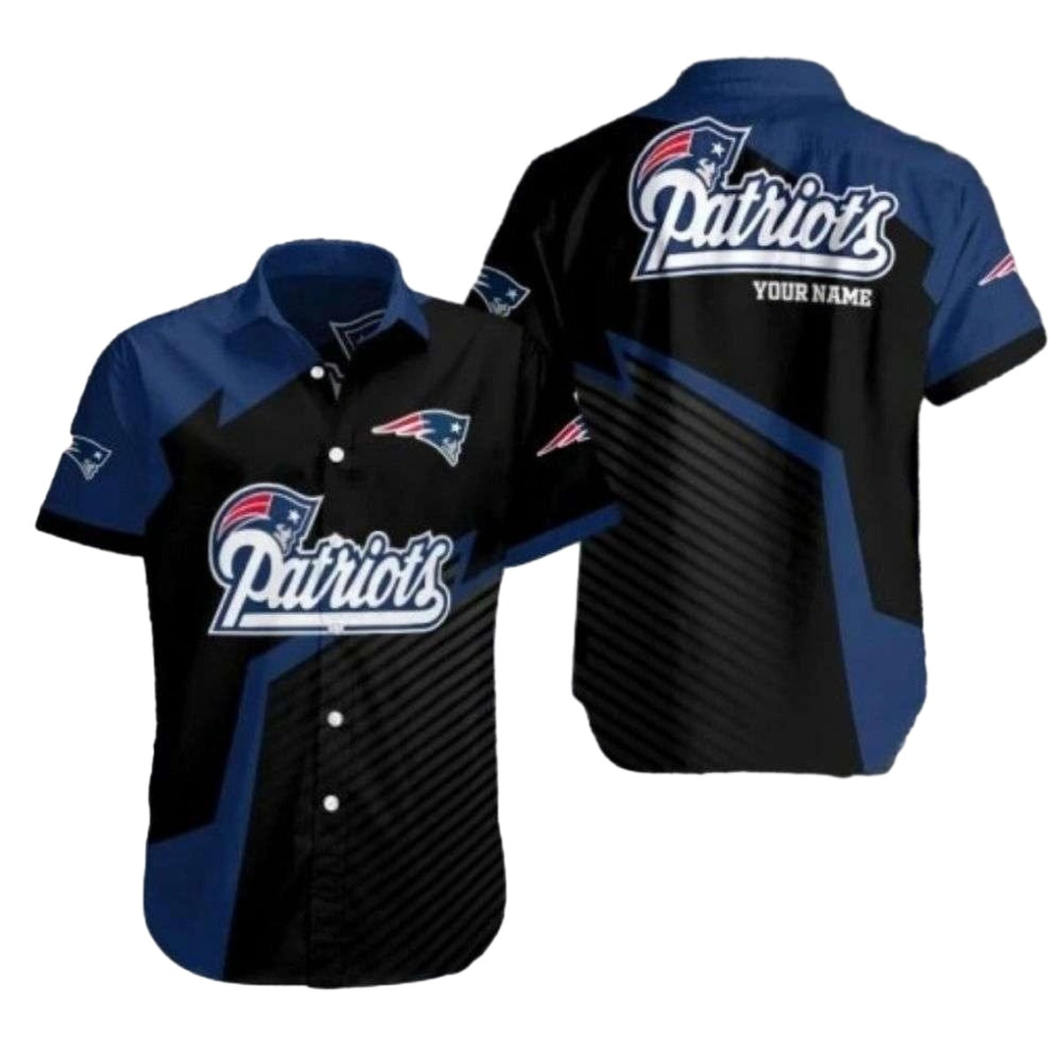 Personalized New England Patriots Sleek Victory Black And Blue Hawaiian Shirt - Moonbestprint