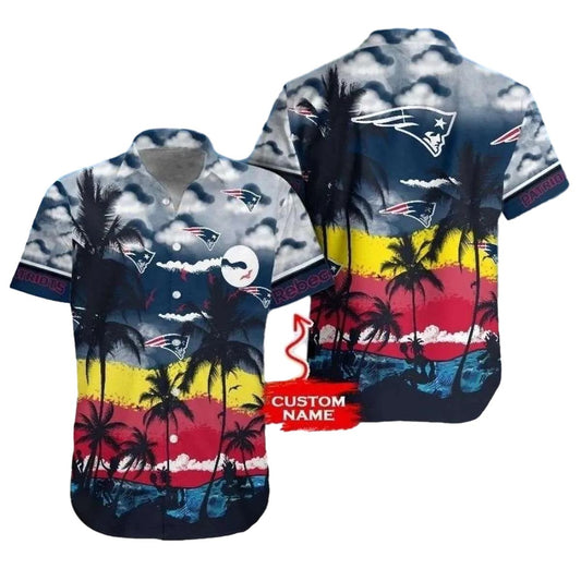 Personalized New England Patriots Sunset Palms Coconut Serene Skyline And Team Logos Hawaiian Shirt - Moonbestprint