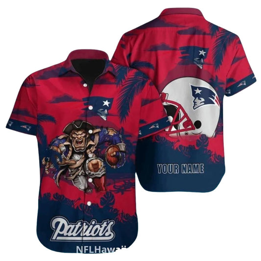 Personalized New England Patriots Sunset Warrior Mascot And Helmet Hawaiian Shirt - Moonbestprint