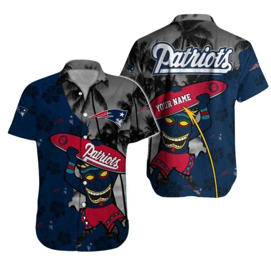 Personalized New England Patriots Surfing With Tiki Pattern Hawaiian Shirt - Moonbestprint