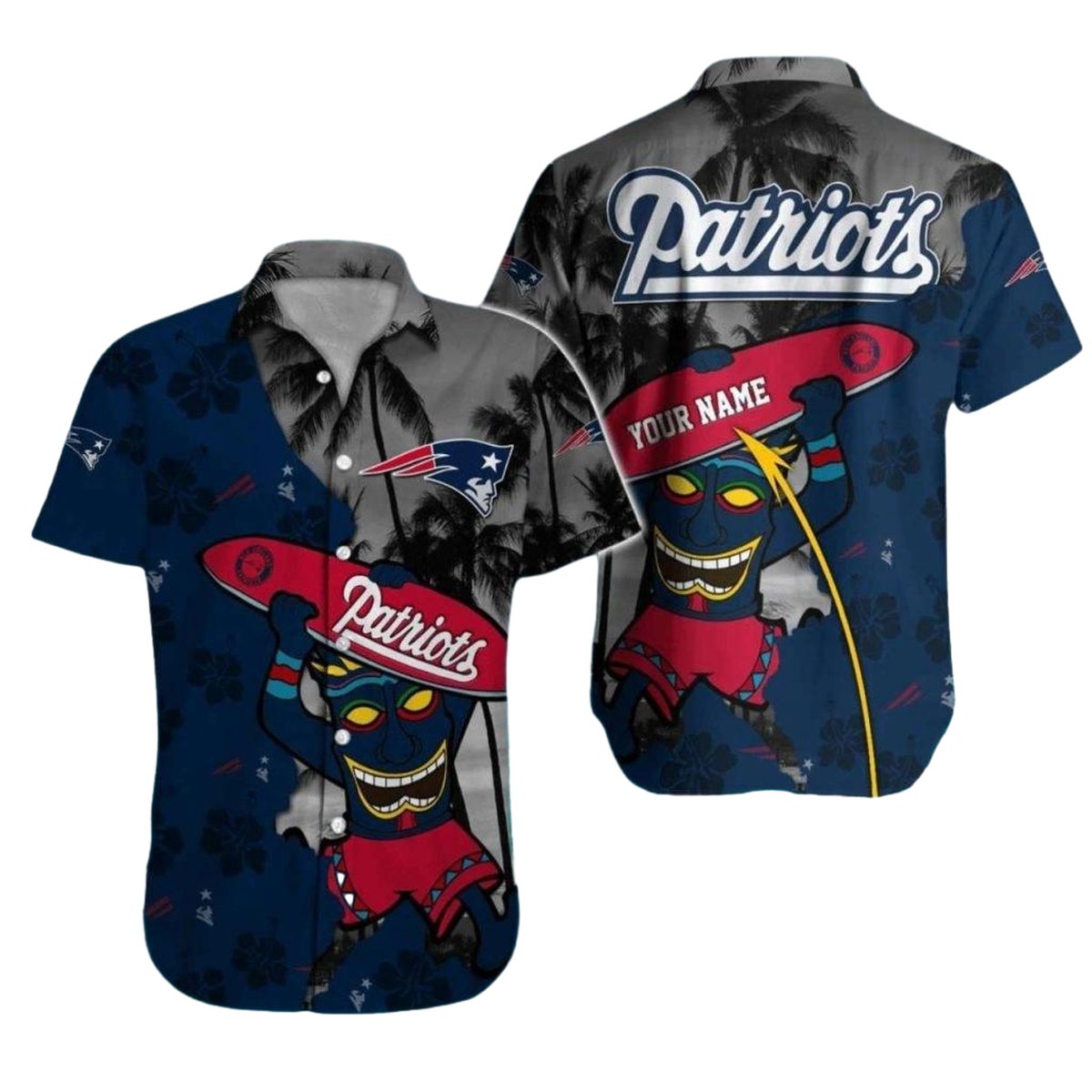 Personalized New England Patriots Surfing With Tiki Pattern Hawaiian Shirt - Moonbestprint