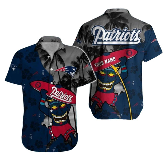 Personalized New England Patriots Surfing With Tiki Pattern Hawaiian Shirt - Moonbestprint