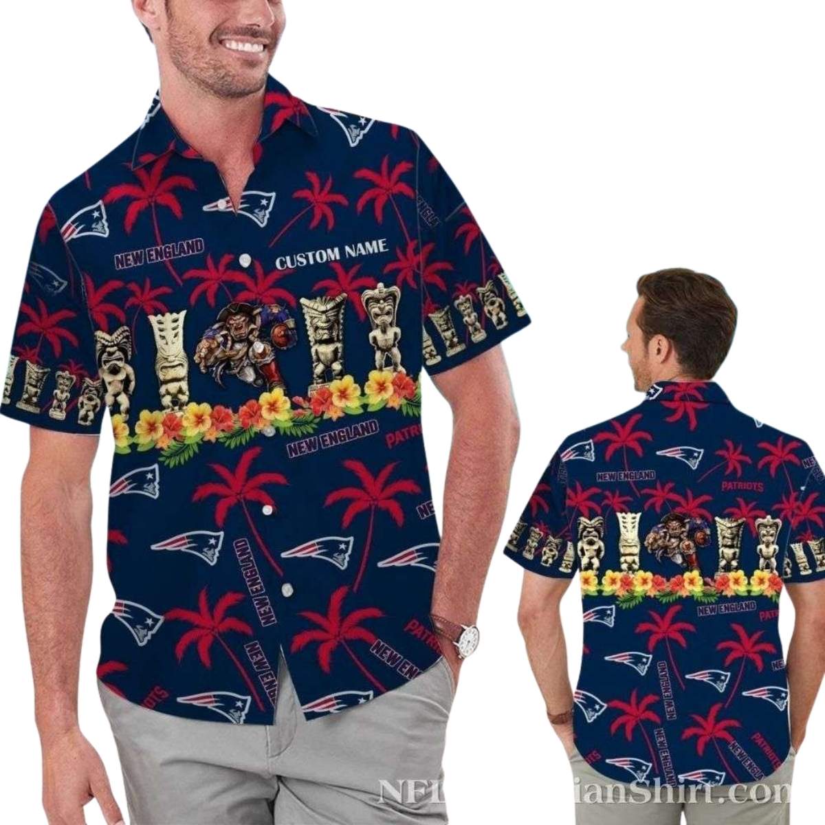 Personalized New England Patriots Tiki Totem Coconut Tree Pattern Hawaiian Shirt - Moonbestprint