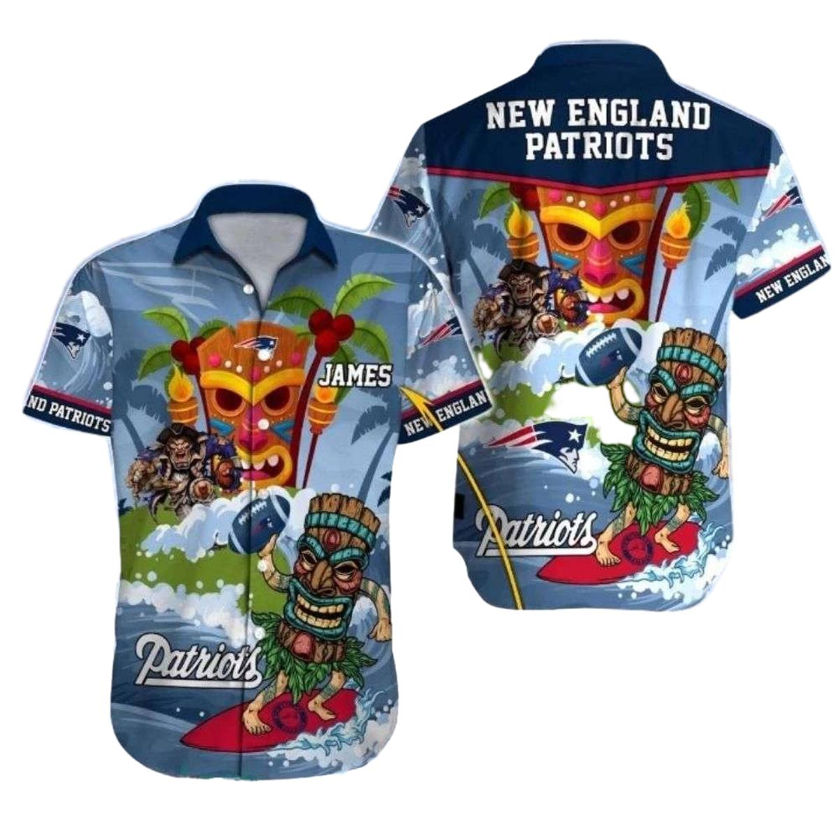 Personalized New England Patriots Tiki Touchdown Surfing Hawaiian Shirt - Moonbestprint