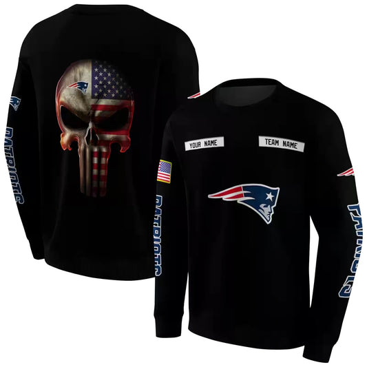 Personalized New England Patriots Us Flag Punisher Skull Black AOP Sweatshirt - Moonbestprint