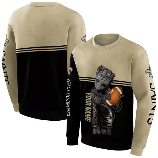 Personalized New Orleans Saints Baby Groot Hug Ball Gold Black AOP Sweatshirt - Moonbestprint