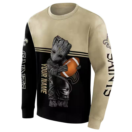 Personalized New Orleans Saints Baby Groot Hug Ball Gold Black AOP Sweatshirt - Moonbestprint