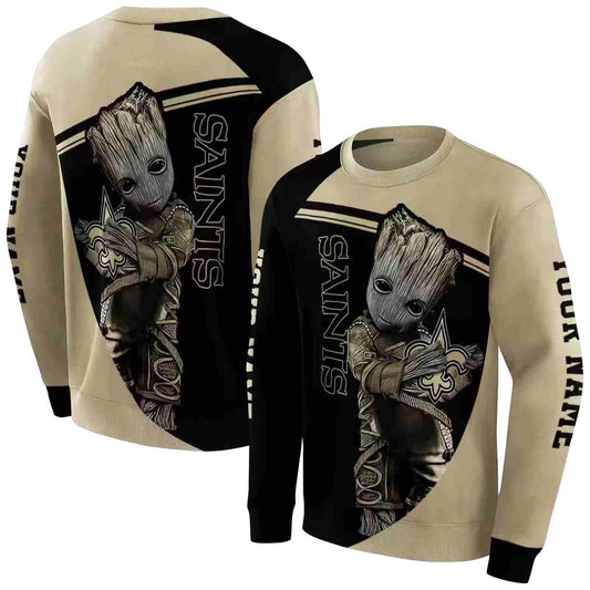 Personalized New Orleans Saints Baby Groot Hug Logo Gold And Black AOP Sweatshirt - Moonbestprint