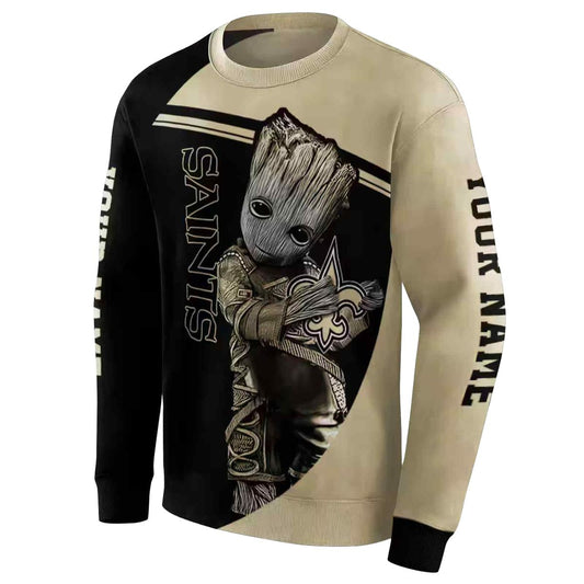 Personalized New Orleans Saints Baby Groot Hug Logo Gold And Black AOP Sweatshirt - Moonbestprint