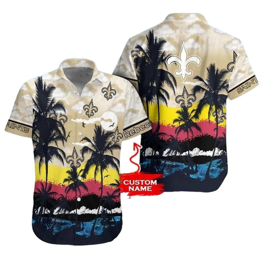 Personalized New Orleans Saints Coconut Tree And Beach Sunset Hawaiian Shirt - Moonbestprint