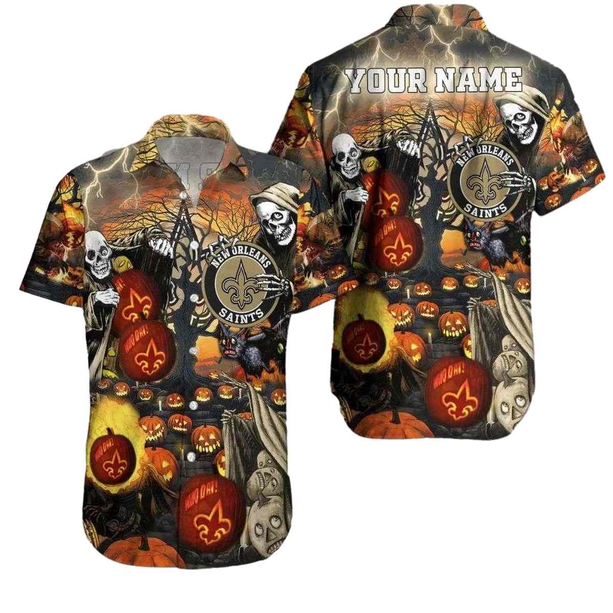 Personalized New Orleans Saints Halloween Skull Pumkin Hawaiian Shirt - Moonbestprint