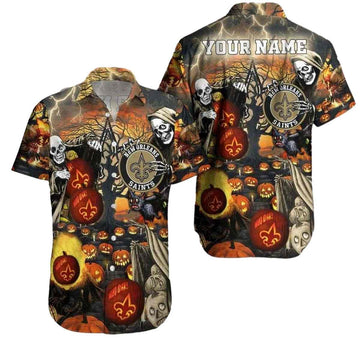 Personalized New Orleans Saints Halloween Skull Pumkin Hawaiian Shirt - Moonbestprint