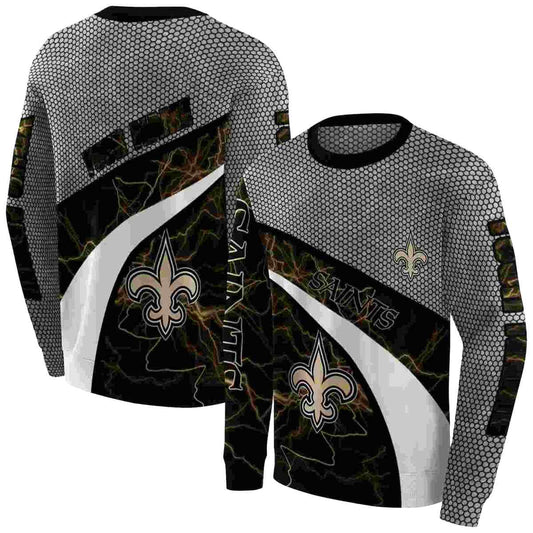 Personalized New Orleans Saints Hexagonal Mesh Gold Black Gray AOP Sweatshirt - Moonbestprint