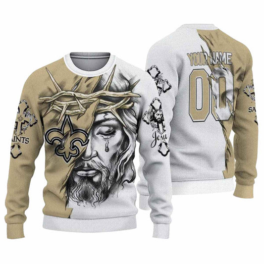 Personalized New Orleans Saints Jesus Tears Gold White AOP Sweatshirt - Moonbestprint