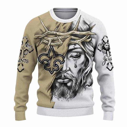 Personalized New Orleans Saints Jesus Tears Gold White AOP Sweatshirt - Moonbestprint