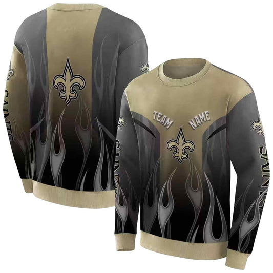 Personalized New Orleans Saints Logo And Flame Design Gold AOP Sweatshirt - Moonbestprint