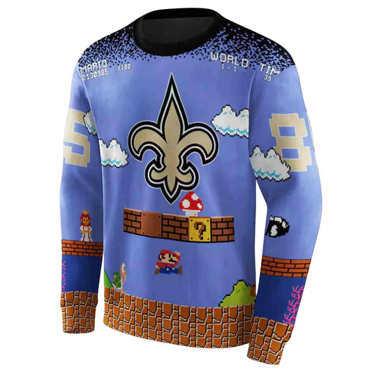 Personalized New Orleans Saints Logo And Mario Blue Black AOP Sweatshirt - Moonbestprint