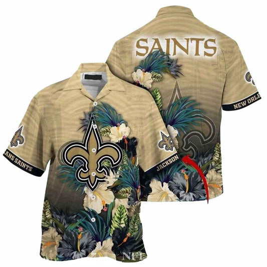 Personalized New Orleans Saints Logo And Ornate Hibiscus Hawaiian Shirt - Moonbestprint