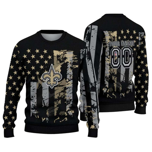 Personalized New Orleans Saints Logo Vintage USA Flag Black AOP Sweatshirt - Moonbestprint