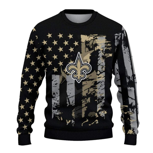 Personalized New Orleans Saints Logo Vintage USA Flag Black AOP Sweatshirt - Moonbestprint