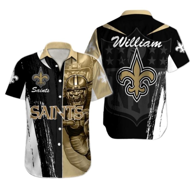 Personalized New Orleans Saints Mascot Black White And Gold Retro Hawaiian Shirt - Moonbestprint