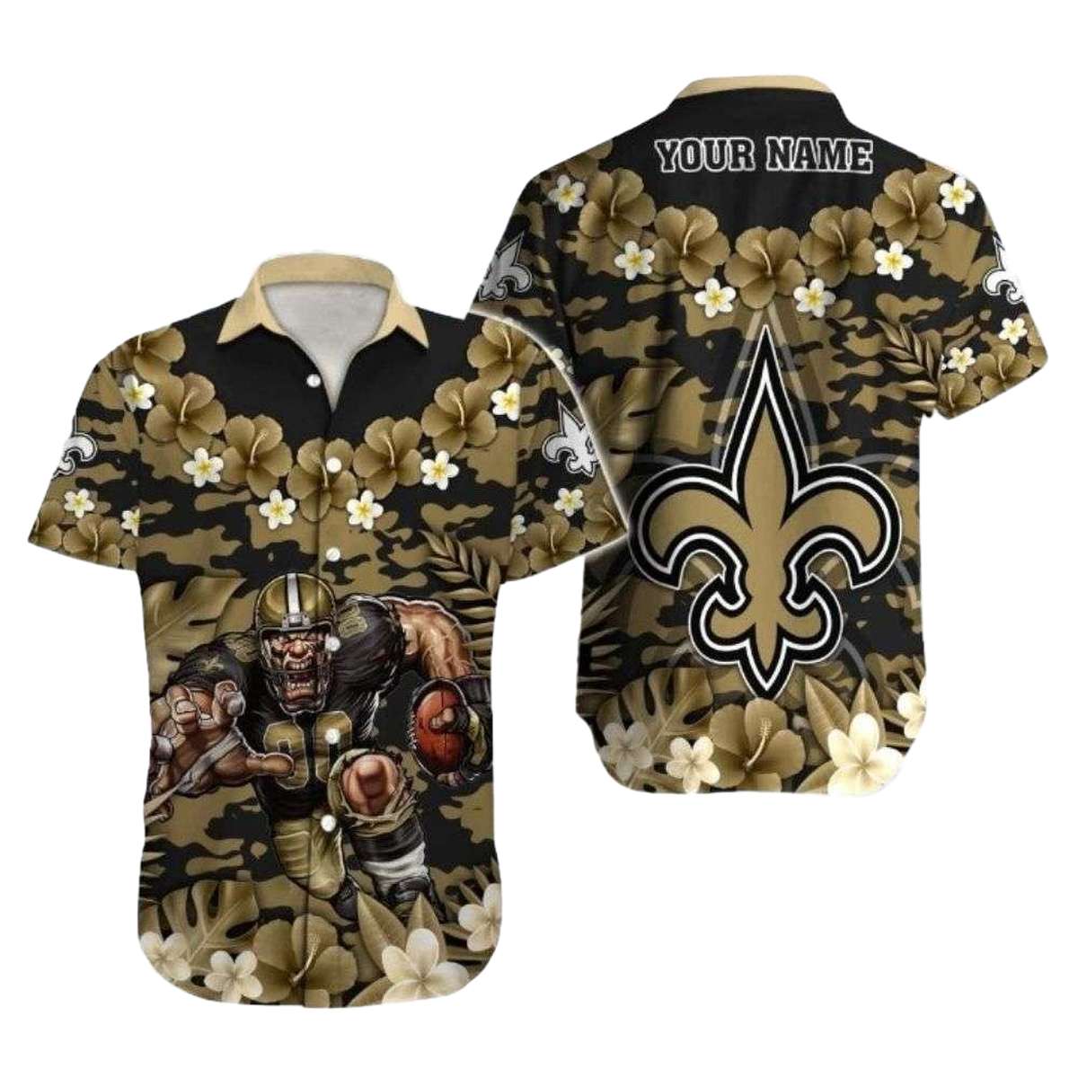 Personalized New Orleans Saints Mascot Gold Hibiscus Hawaiian Shirt - Moonbestprint