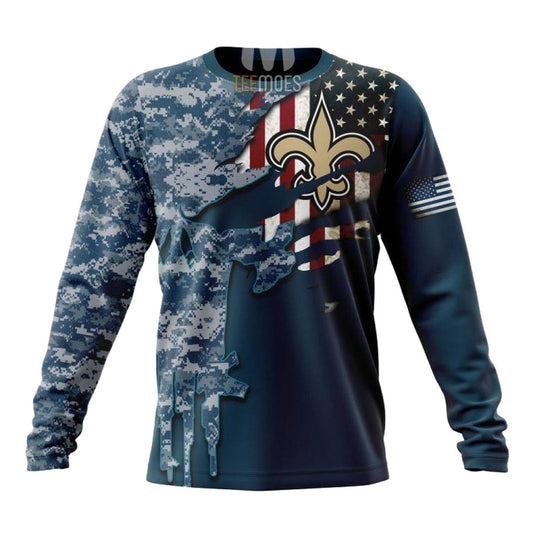 Personalized New Orleans Saints Navy Skull Camo Veteran AOP Sweatshirt - Moonbestprint