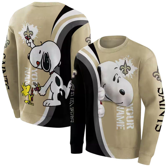 Personalized New Orleans Saints Peeking Snoopy Gold Black AOP Sweatshirt - Moonbestprint