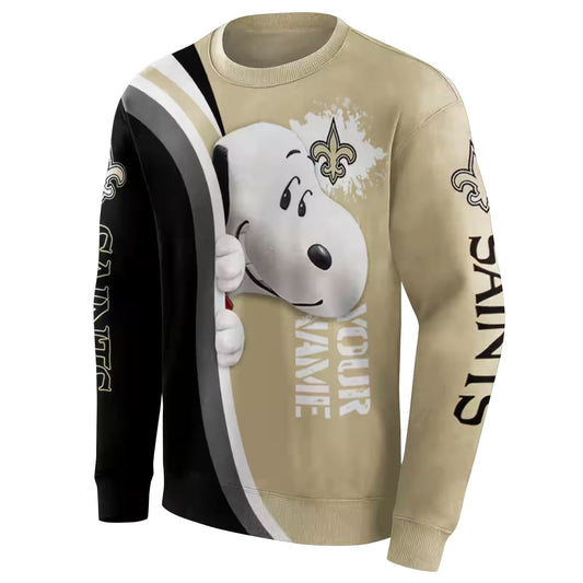 Personalized New Orleans Saints Peeking Snoopy Gold Black AOP Sweatshirt - Moonbestprint