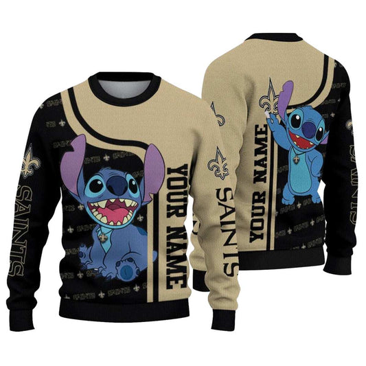 Personalized New Orleans Saints Stitch Art Black Gold AOP Sweatshirt - Moonbestprint