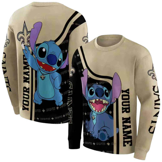 Personalized New Orleans Saints Stitch Ohana Gold And Black AOP Sweatshirt - Moonbestprint