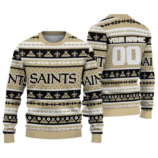 Personalized New Orleans Saints Tent Stripes Christmas Gold White AOP Sweatshirt - Moonbestprint